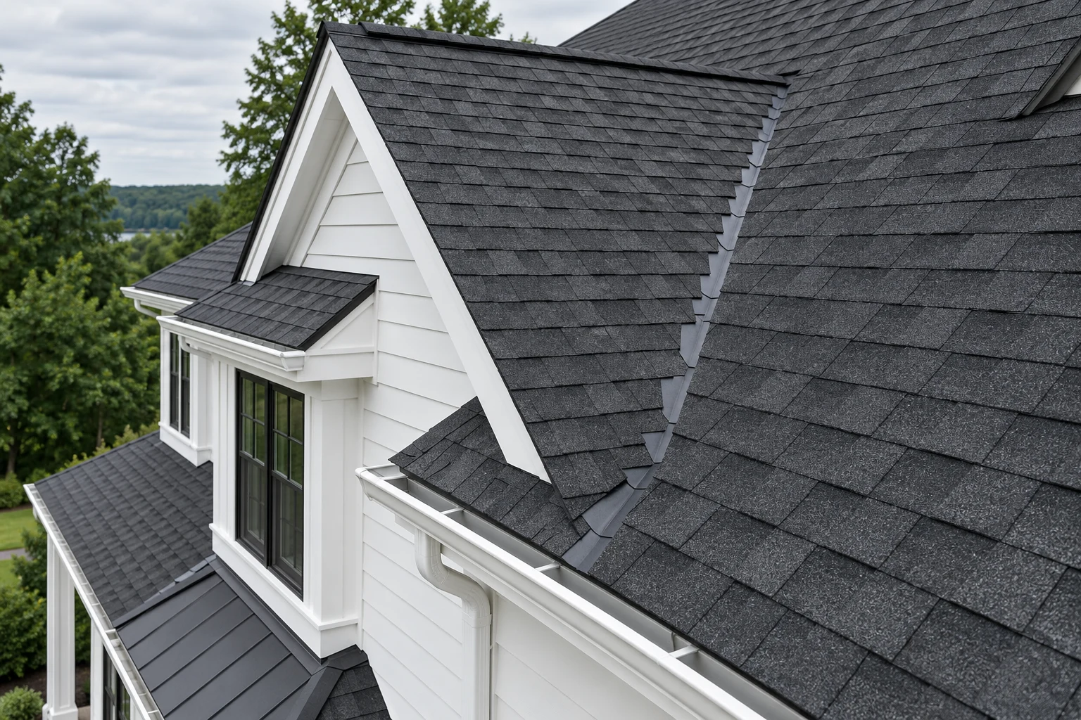 Charcoal shingle roof with detailed roof intersections and white exterior trim